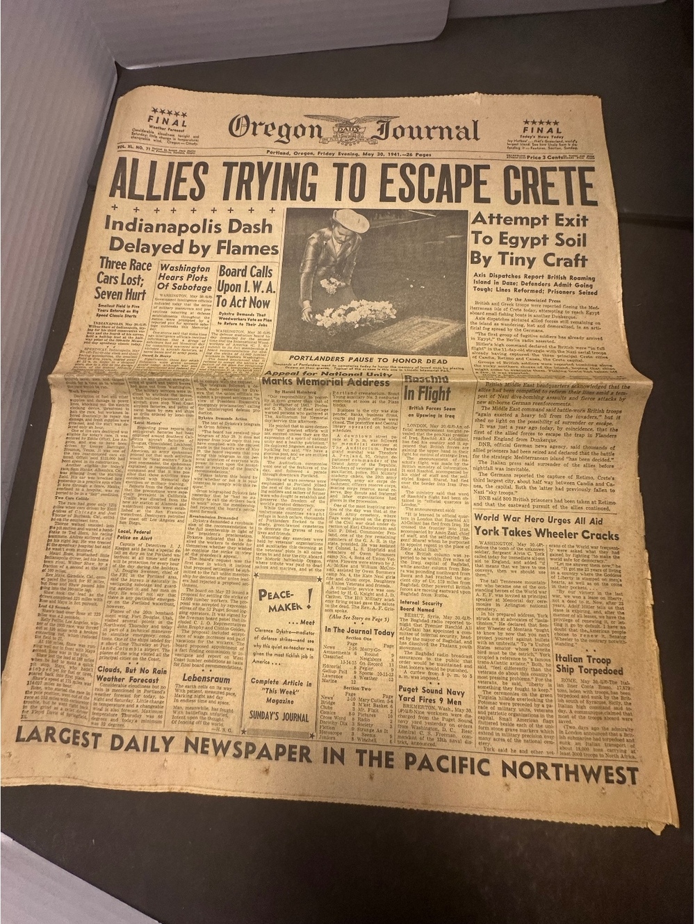 1941 Oregon Journal Newspaper WWII Allies Escape Crete May 30 Portland OR